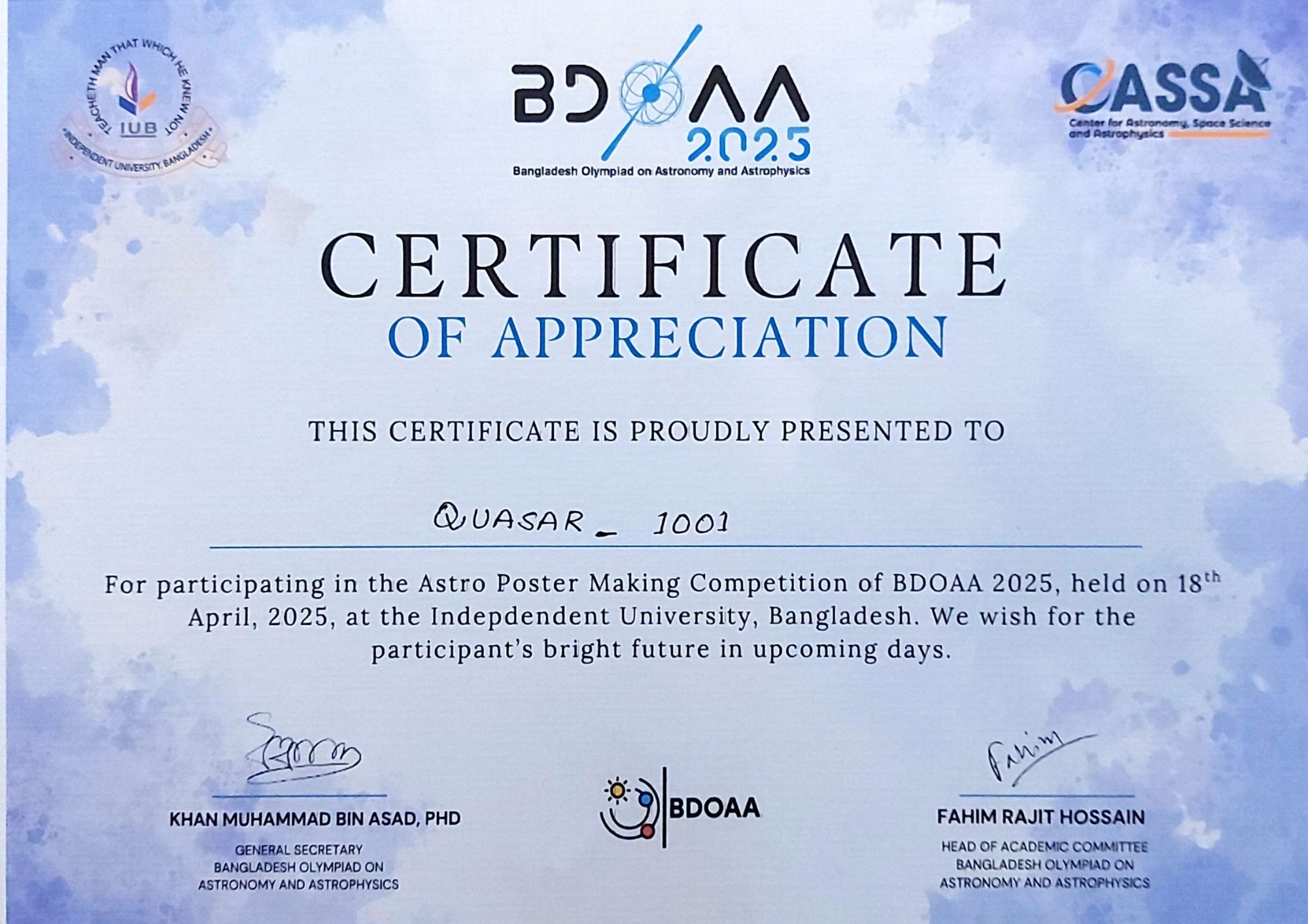 Certificates of Md. Ashikur Rahman (Ayon) from Bangladesh Olympiad on Astronomy and Astrophysics (BDOAA)